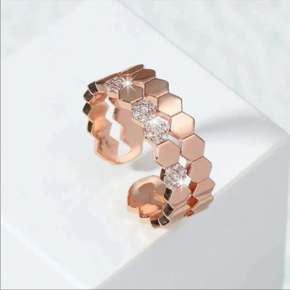 Adjustable Rose Gold Hexagon Cuff Ring | Dainty Crystal Band - Picture 2 of 3
